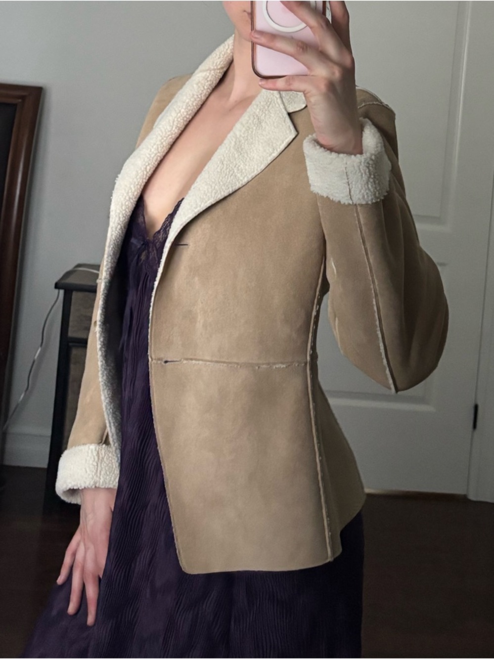 Anne Klein Suede Shearling-Trim Jacket